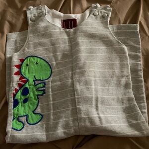 Striped Gray Bodysuit with Dinosaur Design